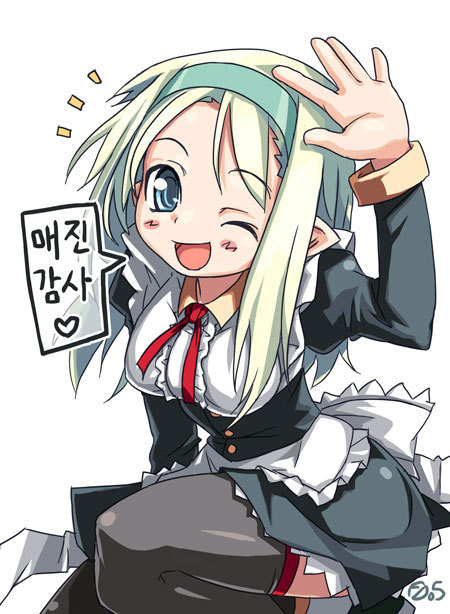 bailknight, original, 1girl, ^^^, apron, blonde hair, blue eyes, blush, female focus, hairband, korean text, long hair, long sleeves, maid, maid apron, one eye closed, pointy ears, puffy sleeves, solo, speech bubble, thighhighs, waist apron, waving, zettai ryouiki