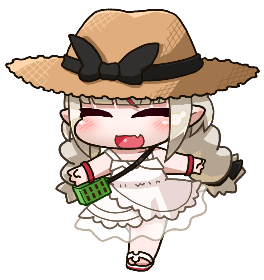 ikuwiron, makaino ririmu, makaino ririmu (3rd costume), nijisanji, 1girl, bare shoulders, black bow, black ribbon, blunt bangs, blush, bow, bracelet, braid, bug cage, chibi, chibi only, closed eyes, collarbone, dress, fang, full body, grey hair, hair ribbon, hat, hat bow, jewelry, lace trim, long hair, low twin braids, multicolored hair, no socks, open mouth, pointy ears, red eyes, red hair, ribbon, sandals, see-through clothes, see-through skirt, sidelocks, skin fang, skirt, sleeveless, sleeveless dress, smile, solo, standing, standing on one leg, straw hat, streaked hair, sundress, transparent background, twin braids, virtual youtuber, walking, white dress