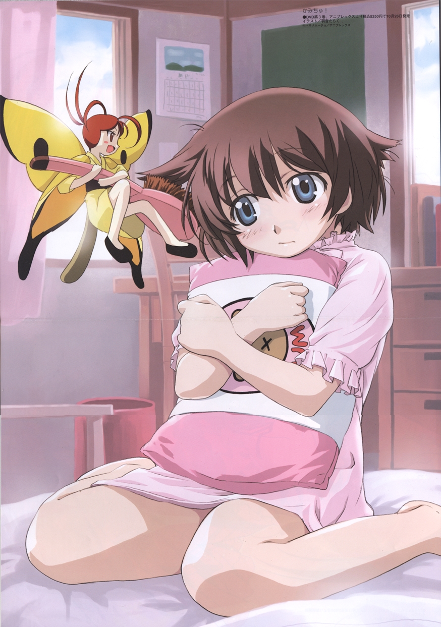uon taraku, hitotsubashi yurie, kamichu!, highres, 00s, 2girls, brushing another's hair, brushing hair, hair brush, hugging object, multiple girls, pajamas, pillow, pillow hug, solo