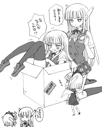 aoyama reo, chachazero, evangeline a.k. mcdowell, karakuri chachamaru, mahou sensei negima!, lowres, translation request, 00s, 3girls, animal ears, bat wings, blush, box, cardboard box, chibi, dress, fang, greyscale, in box, in container, kneehighs, kneeling, long hair, maid headdress, mini person, minigirl, monochrome, multiple girls, open mouth, plaid clothes, plaid skirt, robot ears, school uniform, serafuku, short hair, skirt, socks, speech bubble, tape, thighhighs, vampire, vest, wings, zettai ryouiki