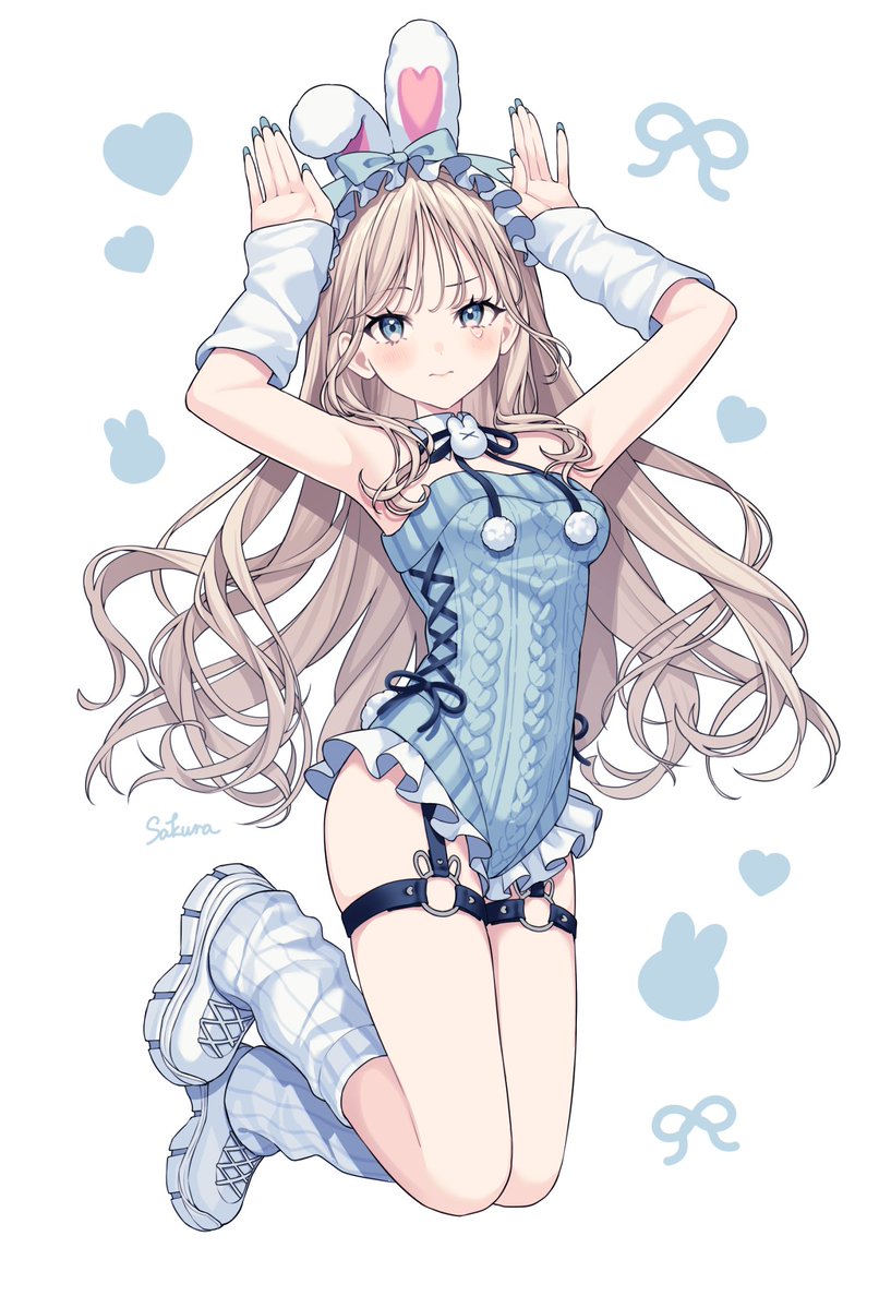 lq saku, original, 1girl, animal ears, arms up, blonde hair, blue eyes, blue leotard, breasts, fake animal ears, frilled leotard, frills, full body, heart, jumping, leg warmers, leotard, light blush, long hair, looking at viewer, playboy bunny, rabbit ears, shoes, simple background, solo, white arm warmers, white background, white leg warmers, white shoes