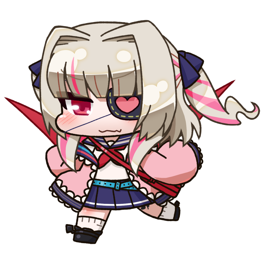 ikuwiron, makaino ririmu, makaino ririmu (4th costume), nijisanji, 1girl, aqua belt, bag, belt, black shoes, blue ribbon, blue sailor collar, blue skirt, blunt bangs, blush, chibi, chibi only, closed mouth, colored inner hair, demon wings, drill hair, eyepatch, fang, full body, grey hair, hair intakes, hair ribbon, handbag, heart, jacket, leg tattoo, long hair, loose belt, miniskirt, multicolored hair, neckerchief, off shoulder, open clothes, open jacket, pink hair, pink jacket, pleated skirt, pointy ears, red bag, red eyes, red neckerchief, red wings, ribbon, sailor collar, school uniform, serafuku, shirt, shoes, shoulder bag, sidelocks, simple background, skin fang, skirt, sleeves past fingers, sleeves past wrists, smile, socks, solo, standing, standing on one leg, streaked hair, tattoo, two side up, v-shaped eyebrows, virtual youtuber, walking, white background, white shirt, white socks, winged shoes, wings