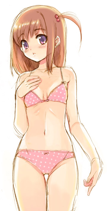 sakura koharu, orihara akeno, kusari, 1girl, bare shoulders, blush, bra, breasts, brown hair, dotted, female focus, hair bobbles, hair ornament, hand on own chest, hip focus, lace, lace-trimmed panties, lace trim, lingerie, navel, orange hair, panties, pink panties, pointing, polka dot, polka dot bra, polka dot panties, purple eyes, ribs, short hair, side ponytail, sketch, small breasts, solo, standing, stomach, thigh gap, thighs, underwear, underwear only