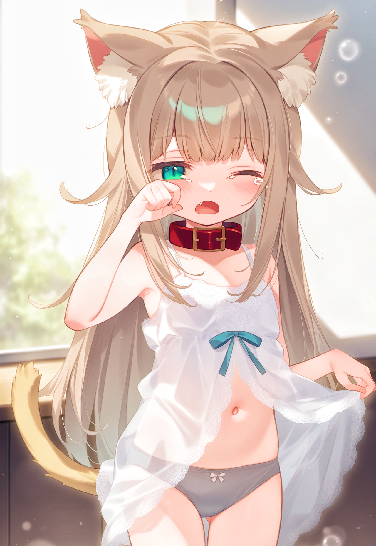 kinoko, original, highres, non-web source, animal ears, cat ears, cat girl, cat tail, crying, panties, tail, underwear