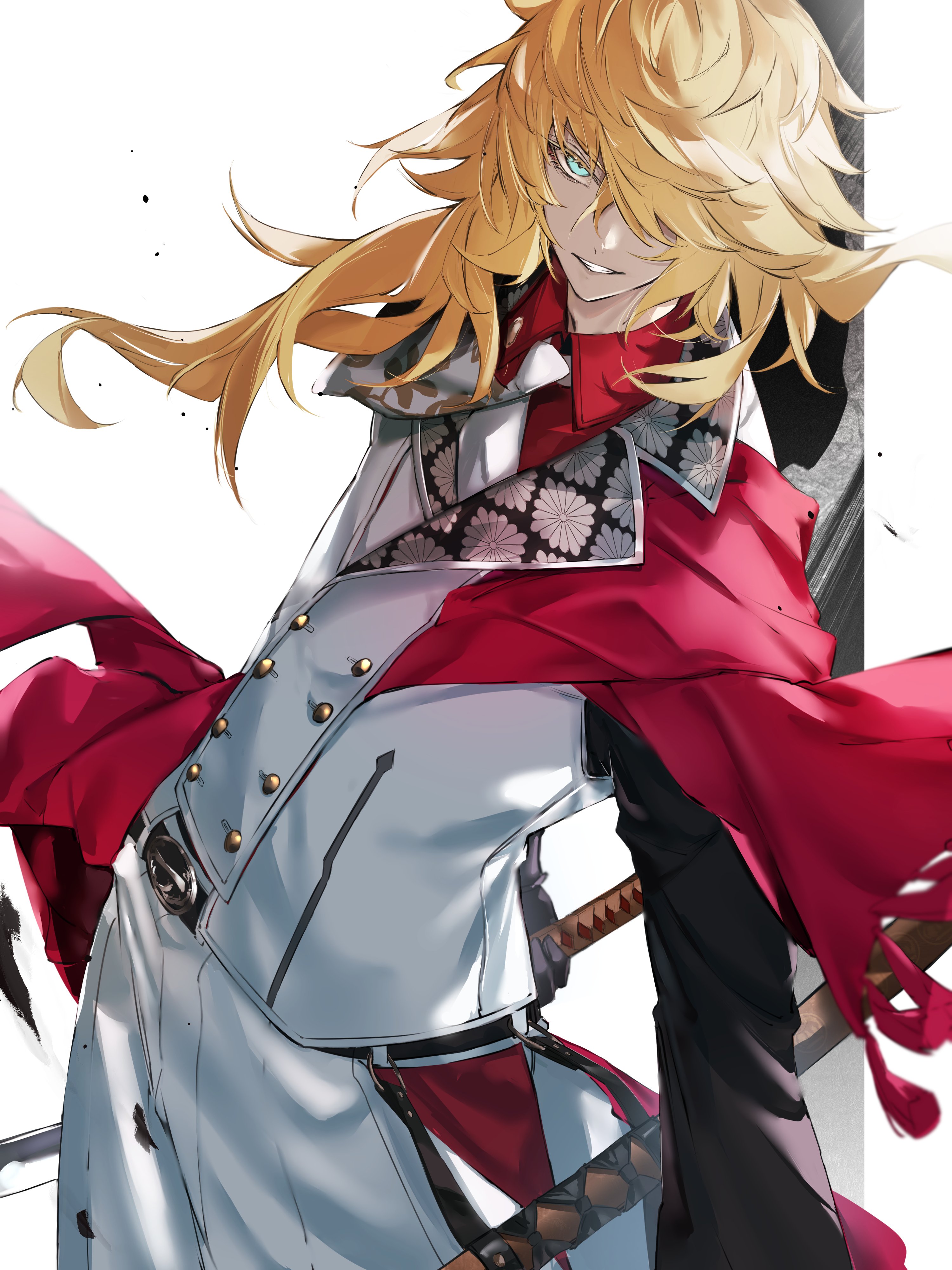 daichi, ichimonji norimune, touken ranbu, absurdres, highres, 1boy, aqua eyes, blonde hair, buttons, collared shirt, grin, hair over one eye, jacket, katana, long hair, looking at viewer, male focus, pants, red sash, red shirt, sash, shirt, smile, solo, spiked hair, sword, teeth, weapon, white background, white jacket, white pants