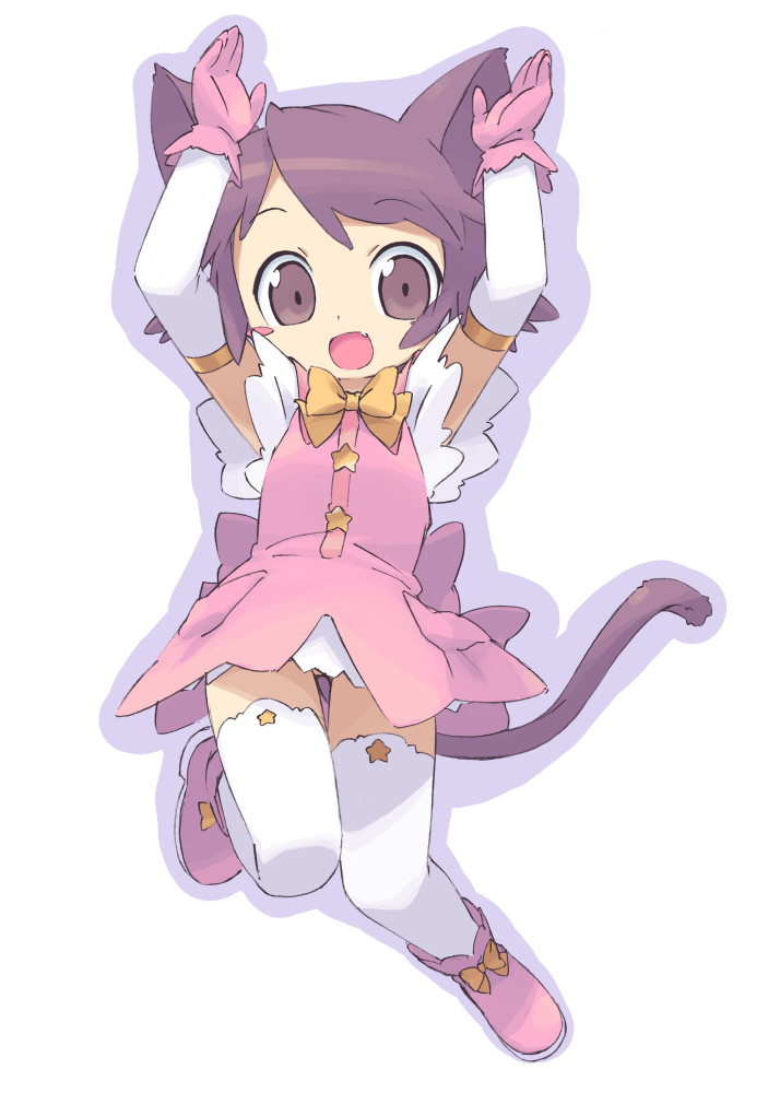 kanzaki hiro, original, 1girl, animal ears, boots, cat ears, cat tail, elbow gloves, female focus, gloves, outline, partially visible vulva, pink boots, purple outline, pussy, pussy peek, solo, tail, thighhighs, upskirt