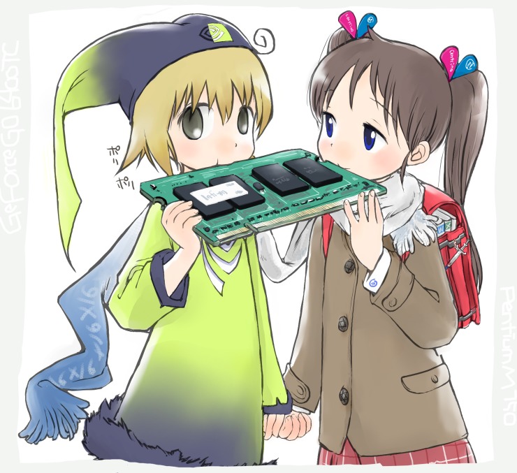 kashmir, centrino-tan, centrinotan, nvidia-tan, nvidiatan, intel, nvidia, os-tan, 2girls, backpack, bag, blonde hair, blue eyes, book, brown hair, centrino, cowboy shot, cuffs, dress, facing viewer, hat, holding hands, jester cap, long sleeves, looking at another, looking at viewer, multicolored dress, multiple girls, plaid clothes, plaid skirt, ram (computer), ram (hardware), randoseru, scarf, shared clothes, shared scarf, sharing, short hair, simple background, skirt, standing, twintails, white background, yellow eyes