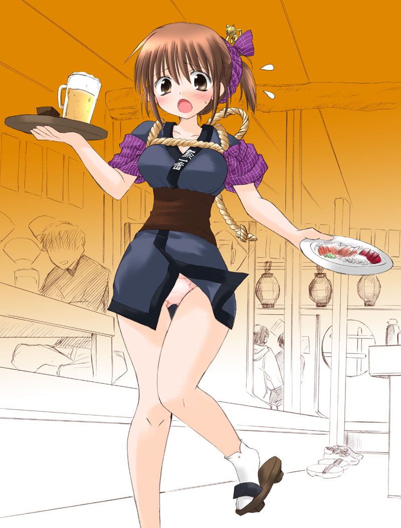 mizuki takehito, original, 1girl, 3boys, alcohol, beer, blush, breasts, brown eyes, brown hair, dress, food, geta, hair ribbon, indoors, japanese clothes, multiple boys, panties, pantyshot, pink panties, ribbon, short dress, short hair, socks, sushi, thigh gap, thighs, underwear, waitress, walking, wind, wind lift