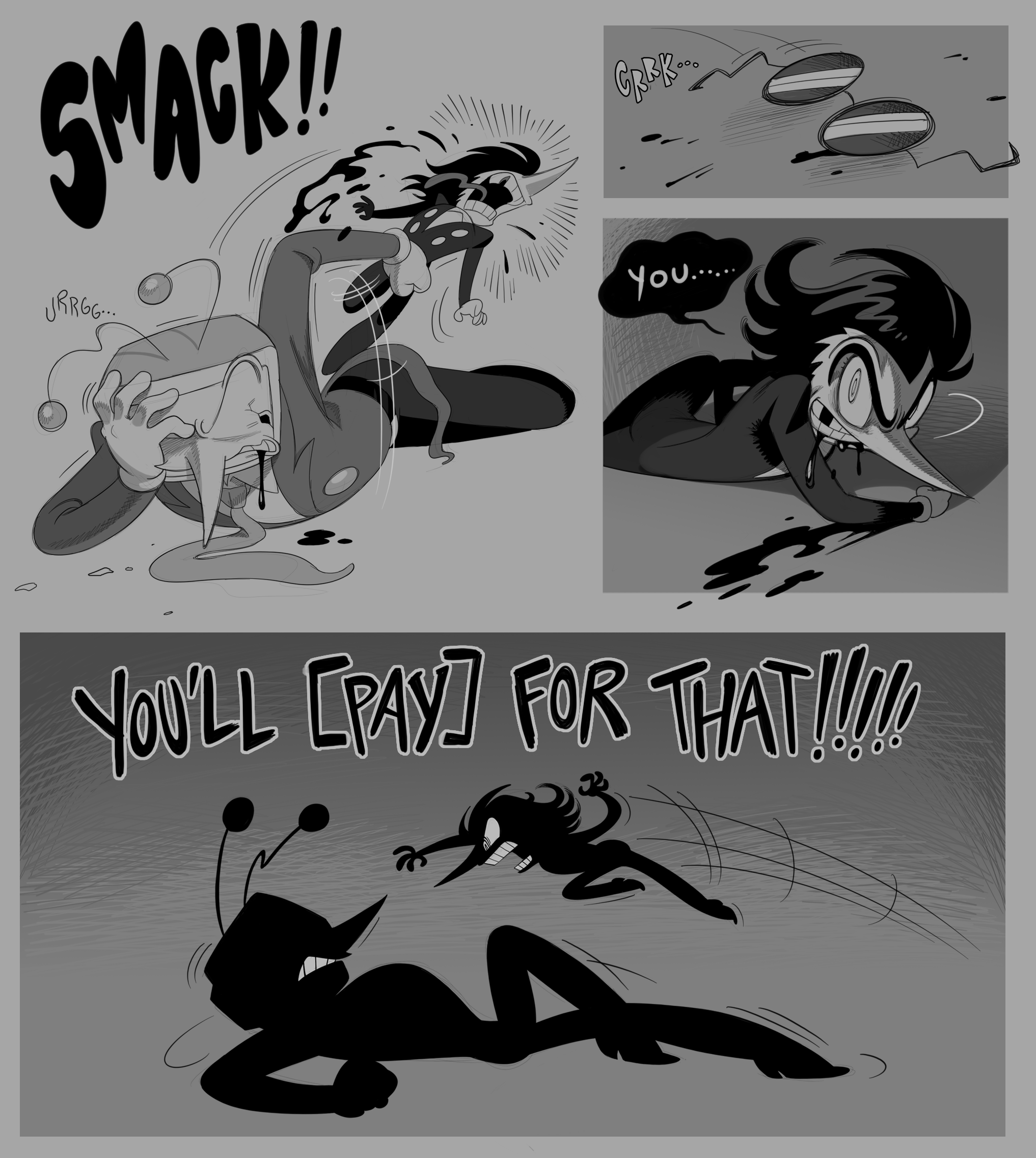 roachgore, ant tenna, spamton g. spamton, deltarune, utdr (toby fox), highres, 1960s (style), black hair, blood, crt, deformed, faux retro artstyle, long nose, male focus, no ears, object head, oldschool, open mouth, pointy nose, punching, retro artstyle, teeth, thick eyebrows
