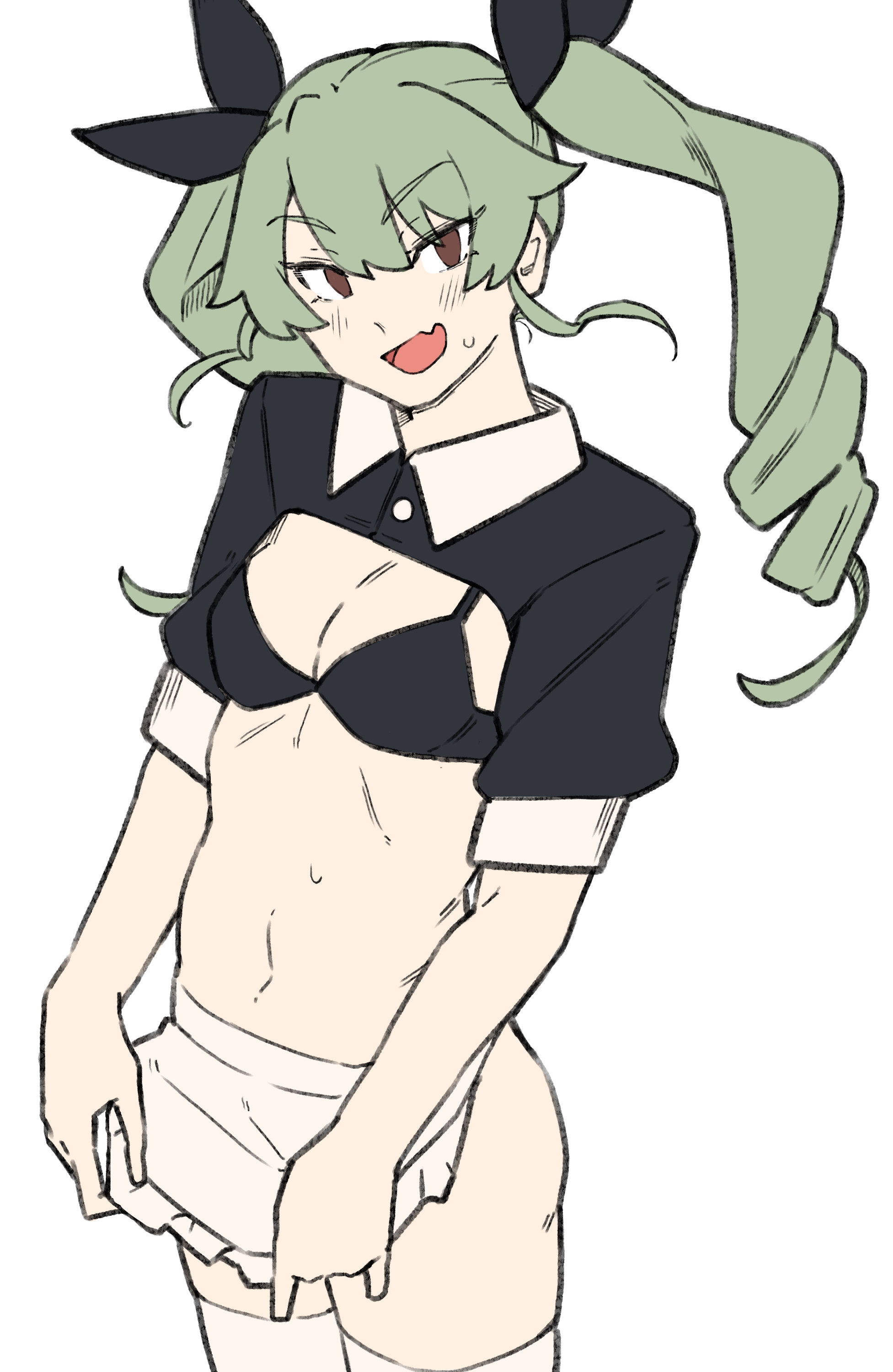 sattinittas, anchovy (girls und panzer), girls und panzer, absurdres, commentary, highres, unfinished, 1girl, apron, bikini, bikini top only, black bikini, black ribbon, black shrug, breasts, brown eyes, drill hair, fang, full body, green hair, hair ribbon, long hair, looking at viewer, open mouth, ribbon, short sleeves, shrug (clothing), simple background, skin fang, small breasts, smile, solo, standing, sweatdrop, swimsuit, thighhighs, twin drills, twintails, waist apron, white apron, white background, white thighhighs