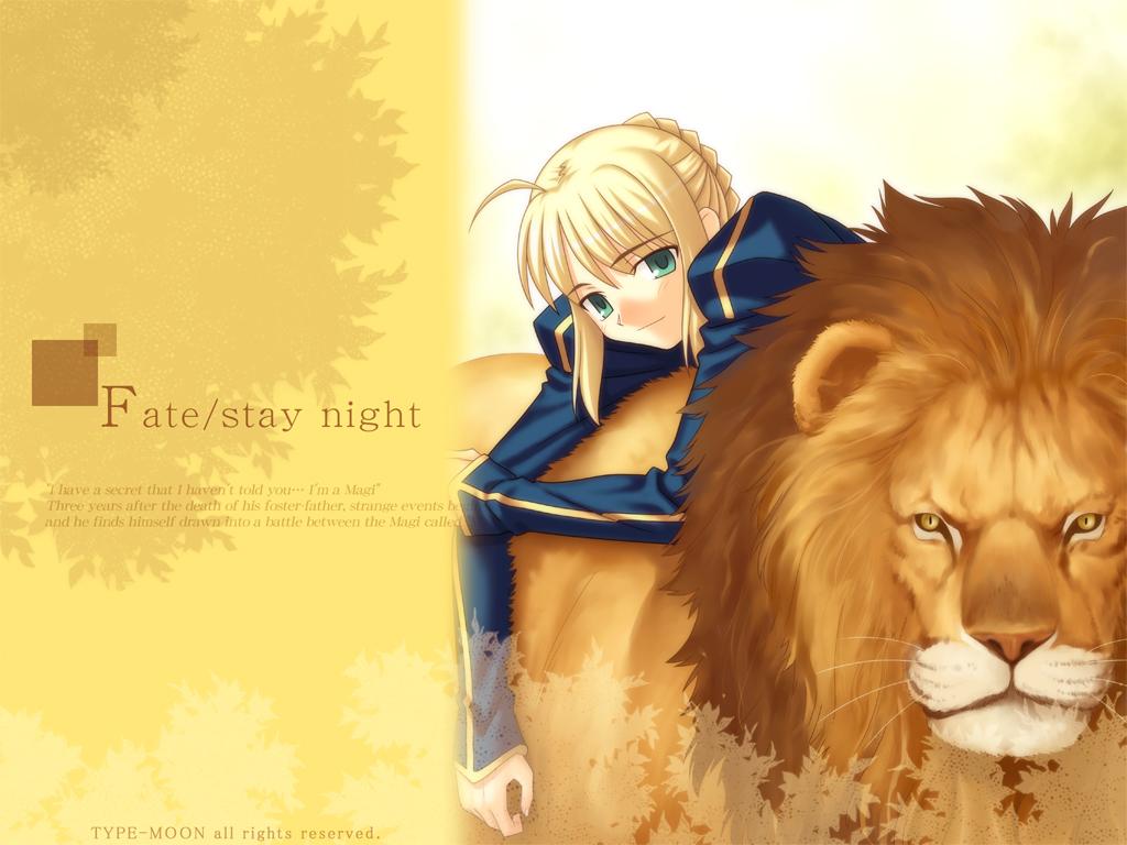 takeuchi takashi, artoria pendragon (fate), saber (fate), fate/stay night, fate (series), 00s, 1girl, blonde hair, english text, female focus, lion, looking at viewer, solo