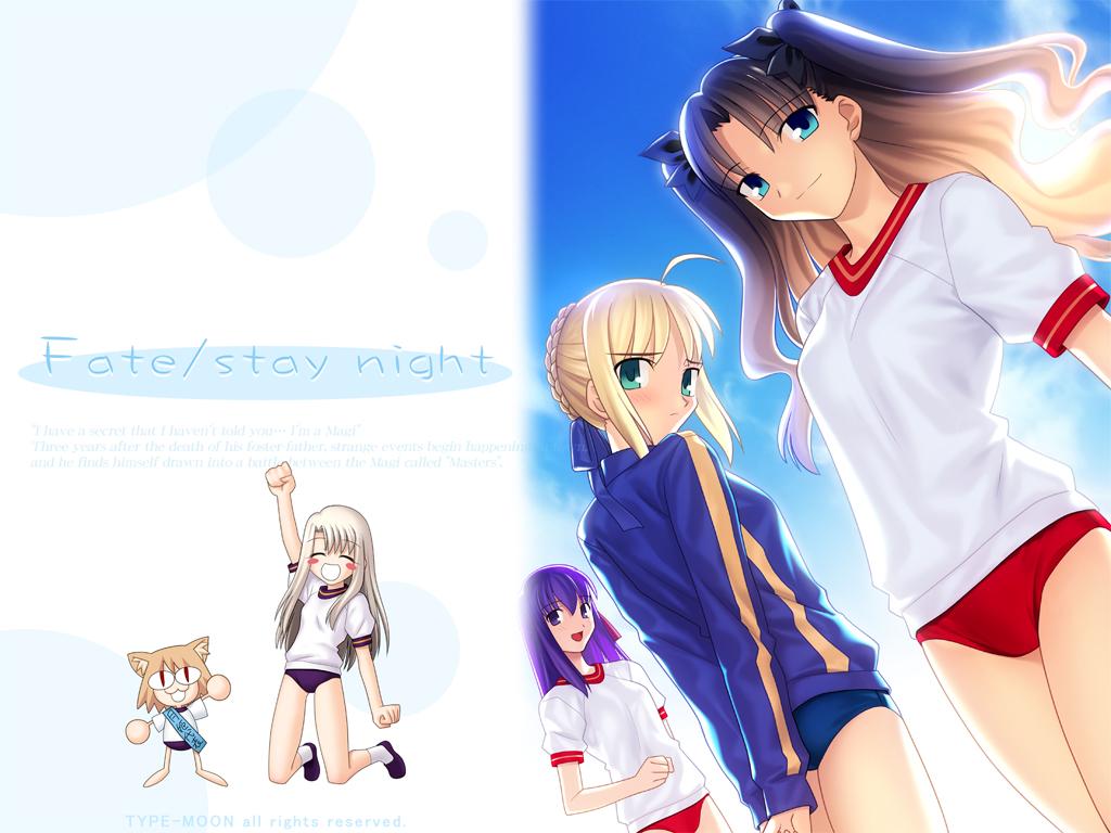 takeuchi takashi, artoria pendragon (fate), fujimura taiga, matou sakura, neco-arc, saber (fate), tohsaka rin, fate/stay night, fate (series), type-moon, light brown hair, official art, official wallpaper, 00s, 5girls, :3, :d, ^ ^, ahoge, alternate costume, animal ears, aqua eyes, arms behind back, backlighting, black hair, blonde hair, blue eyes, blush, blush stickers, breasts, buruma, cat ears, chibi, child, clenched hand, clenched hands, closed eyes, cloud, copyright name, covering ass, covering privates, cowboy shot, day, dutch angle, embarrassed, english text, flat chest, from side, grin, gym uniform, hair between eyes, hair bun, hair ribbon, jacket, kneeling, light smile, long hair, multiple girls, open mouth, outdoors, parted bangs, purple eyes, purple hair, raised fist, ribbon, sash, shirt, shoes, short hair, short sleeves, sidelocks, single hair bun, sky, slit pupils, small breasts, smile, socks, standing, sun, track jacket, two side up, wavy hair, white hair