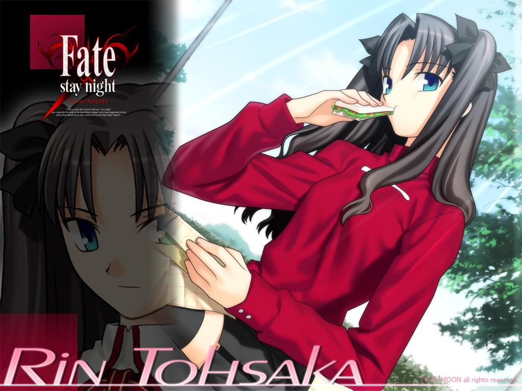 takeuchi takashi, tohsaka rin, fate/stay night, fate (series), type-moon, 00s, 1girl, black hair, black ribbon, black skirt, black thighhighs, blue eyes, character name, copyright name, dutch angle, eating, female focus, food, hair ribbon, long hair, long sleeves, looking at viewer, multiple views, outdoors, red sweater, ribbon, sandwich, serious, sitting, skirt, sweater, thighhighs, tree, turtleneck, two side up