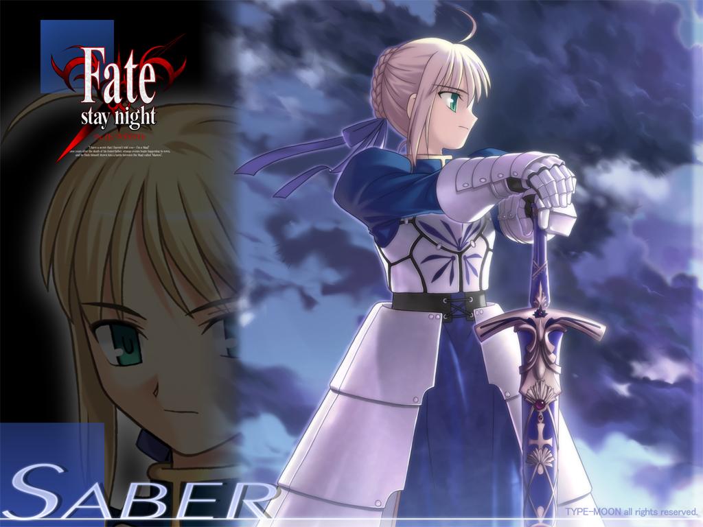 takeuchi takashi, artoria pendragon (fate), saber (fate), fate/stay night, fate (series), 00s, 1girl, ahoge, armor, armored dress, blonde hair, dress, excalibur (fate/stay night), faulds, female focus, green eyes, hands on hilt, planted, planted sword, planted weapon, solo, sword, weapon
