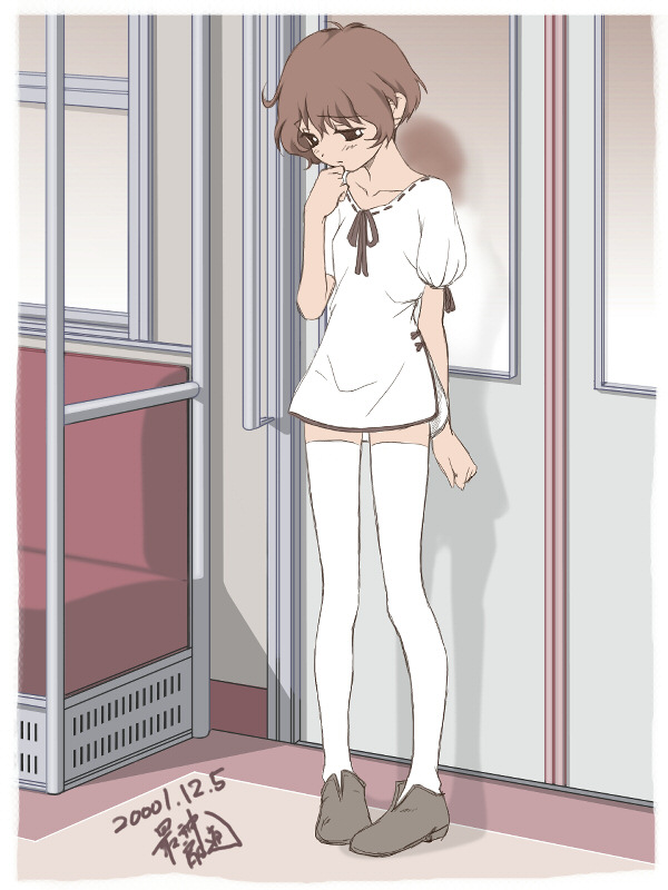 artist request, 1girl, brown eyes, brown hair, female focus, full body, indoors, short hair, solo, standing, thighhighs, train, train interior, white thighhighs, zettai ryouiki