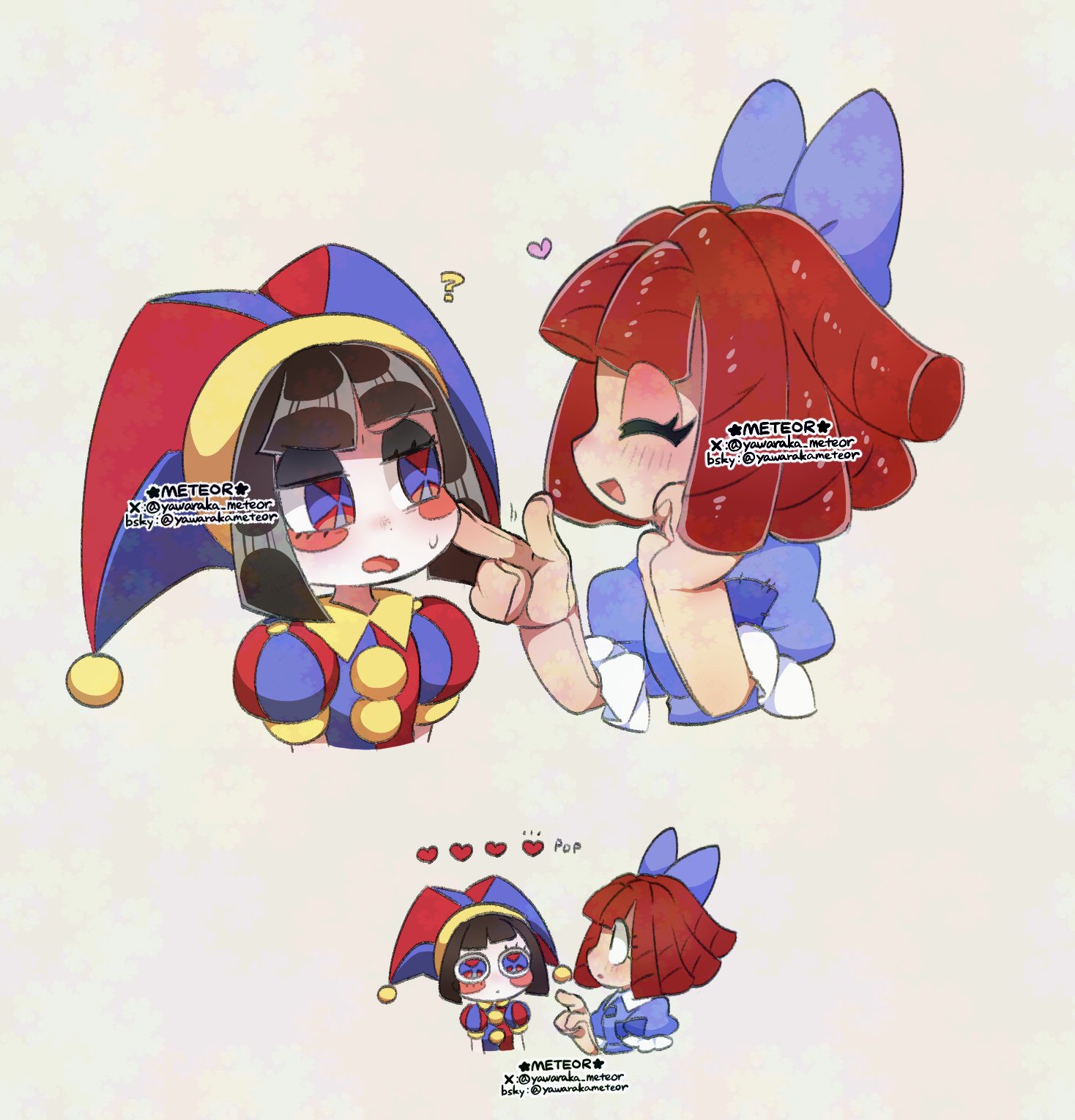 yawaraka meteor, pomni (the amazing digital circus), ragatha (the amazing digital circus), the amazing digital circus, highres, 2girls, ?, artist name, asymmetrical eyes, asymmetrical shirt, blue bow, blue dress, blush, blush stickers, bow, brown hair, doll, dress, finger gun, finger gun to head, hat, heart, jester, jester cap, jester costume, multiple girls, red hair, simple background, stitched arm, stitches, stuffed toy, sweat, twitter username, user interface, white background, yuri