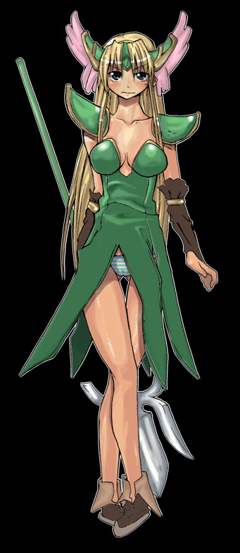 sima (sima30), riesz, seiken densetsu, seiken densetsu 3, 1girl, blonde hair, blue eyes, blue panties, blush, crossed legs, detached sleeves, dress, female focus, green dress, halberd, headdress, panties, polearm, shoes, solo, standing, striped clothes, striped panties, thigh gap, thighs, underwear, watson cross, weapon