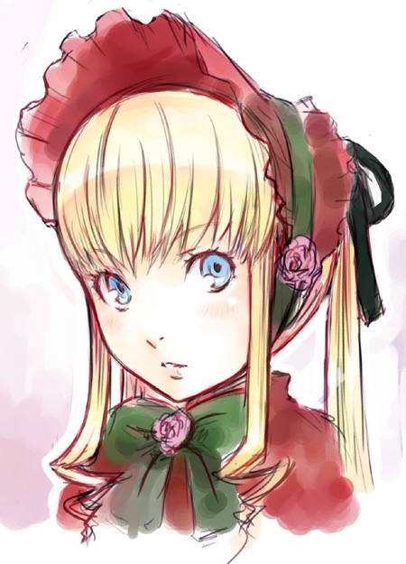 ha-ru, shinku, rozen maiden, 00s, 1girl, blonde hair, bonnet, bow, female focus, flower, long hair, pink flower, pink rose, ribbon, rose, sidelocks, simple background, solo, twintails, white background