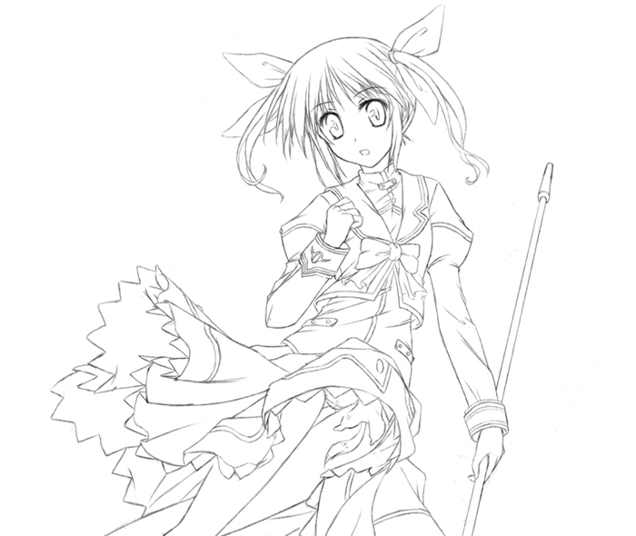 ryo (botugo), raising heart, takamachi nanoha, takamachi nanoha (sacred mode), lyrical nanoha, mahou shoujo lyrical nanoha, 00s, 1girl, :o, bare legs, bow, female focus, greyscale, hair ribbon, holding, holding weapon, long sleeves, magical girl, monochrome, open mouth, panties, polearm, puffy long sleeves, puffy sleeves, ribbon, sailor collar, solo, thigh gap, twintails, two side up, underwear, weapon