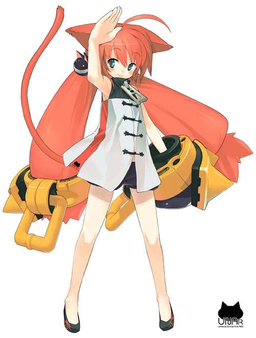 unaji, shinonome sango, original, 1girl, ahoge, animal ears, cat ears, female focus, outstretched arm, red hair, shorts, smile, solo