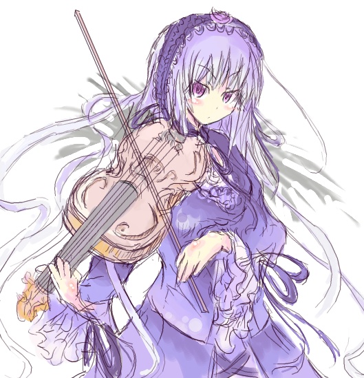 yoshioka yoshiko, suigintou, rozen maiden, 00s, instrument, lolita fashion, simple background, solo, viola da gamba, violin, white background