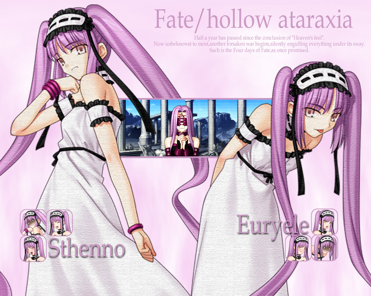 takeuchi takashi, euryale (fate), medusa (fate), medusa (rider) (fate), stheno (fate), fate/hollow ataraxia, fate/stay night, fate (series), 00s, 3girls, blindfold, bracelet, breaker gorgon, character name, copyright name, dress, english text, facial mark, forehead mark, jewelry, leaning forward, multiple expressions, multiple girls, own hands together, siblings, sisters, smile, tongue, tongue out, twins, twintails, white dress