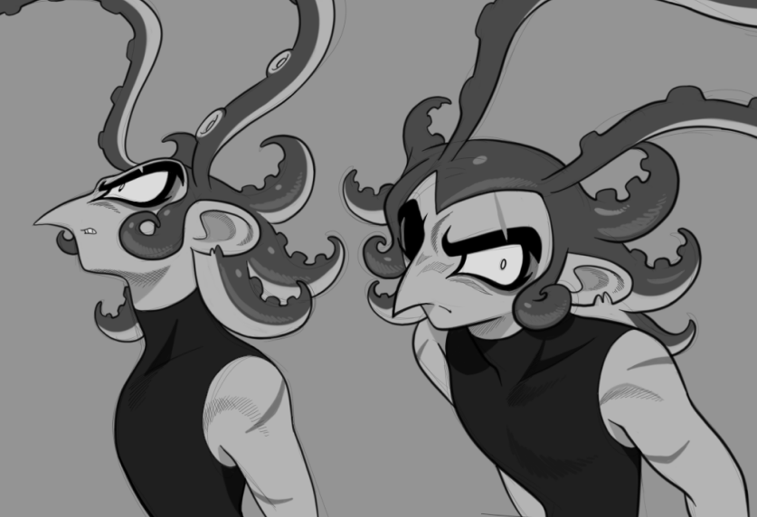 roachgore, nintendo, original, splatoon (series), splatoon 3, 1960s (style), faux retro artstyle, lukas verallina, octoling, oldschool, pointy nose, retro artstyle, scar, sleeveless, sleeveless turtleneck, suction cups, tentacle hair, thick eyebrows, turtleneck