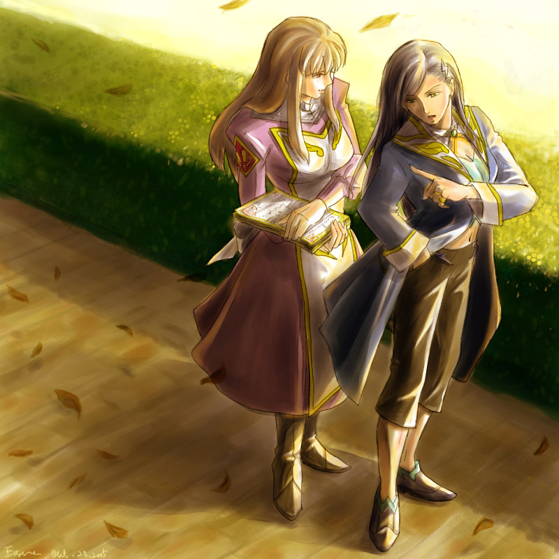 eugene, natsuki kruger, shizuru viola, my-otome, brown footwear, mixed media, 00s, 2girls, autumn leaves, black hair, boots, breasts, brown hair, brown pants, capri pants, cleavage, clothing cutout, dress, emblem, gem, green eyes, green gemstone, hand in pocket, hedge, holding, holding paper, index finger raised, jewelry, juliet sleeves, leaf, letter, long sleeves, medium breasts, meister otome uniform, multiple girls, navel, navel cutout, outdoors, pants, paper, parted lips, pink dress, pointing, pointing finger, puffy long sleeves, puffy sleeves, red eyes, ring, shoes, sidelocks, standing, stomach