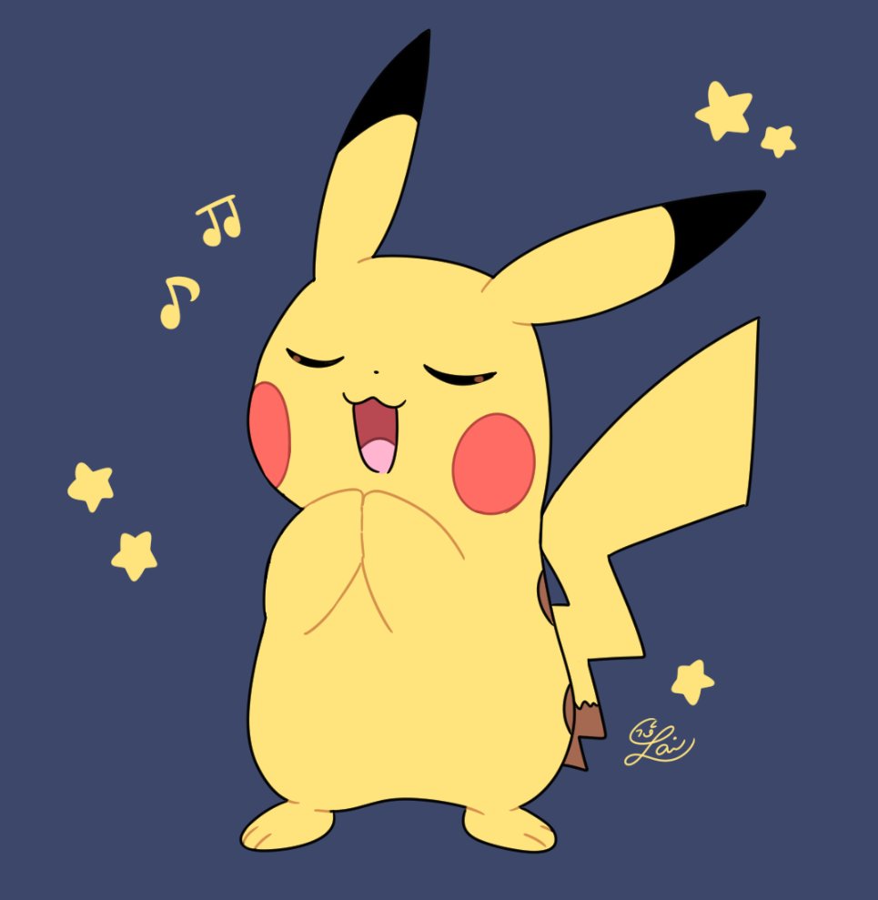 lai (pixiv1814979), pikachu, nintendo, pokemon, artist name, closed eyes, gen 1 pokemon, music, musical note, no humans, open mouth, pokemon (creature), signature, singing, solo, star (symbol)