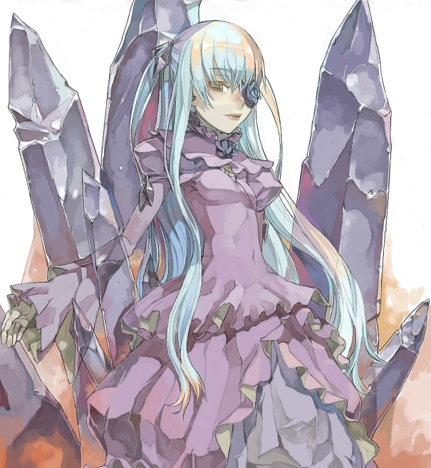 fakepucco, barasuishou, rozen maiden, 00s, 1girl, aqua hair, crystal, dress, eyepatch, female focus, flower, frills, lips, long hair, looking at viewer, outstretched hand, pale skin, puffy sleeves, ribbon, rose, solo, standing, two side up, very long hair, yellow eyes
