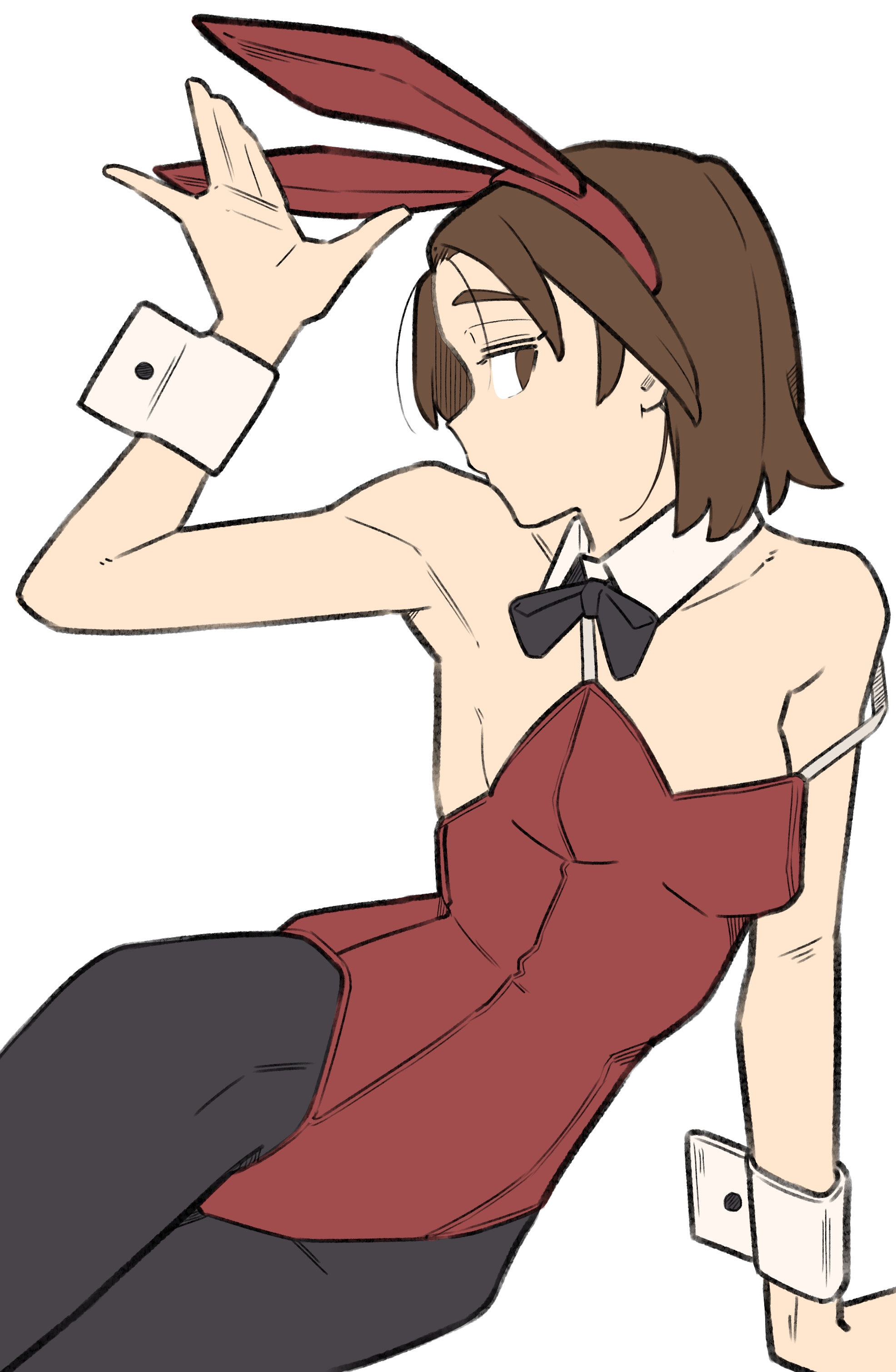 sattinittas, sawa azusa, girls und panzer, absurdres, commentary, highres, unfinished, 1girl, animal ears, arm support, black bow, black bowtie, black pantyhose, bow, bowtie, breasts, brown eyes, brown hair, brown leotard, collar, detached collar, fake animal ears, leotard, looking at viewer, lying, on side, pantyhose, parted bangs, playboy bunny, rabbit ears, short hair, small breasts, solo, strap slip, strapless, strapless leotard, white collar, wing collar, wrist cuffs