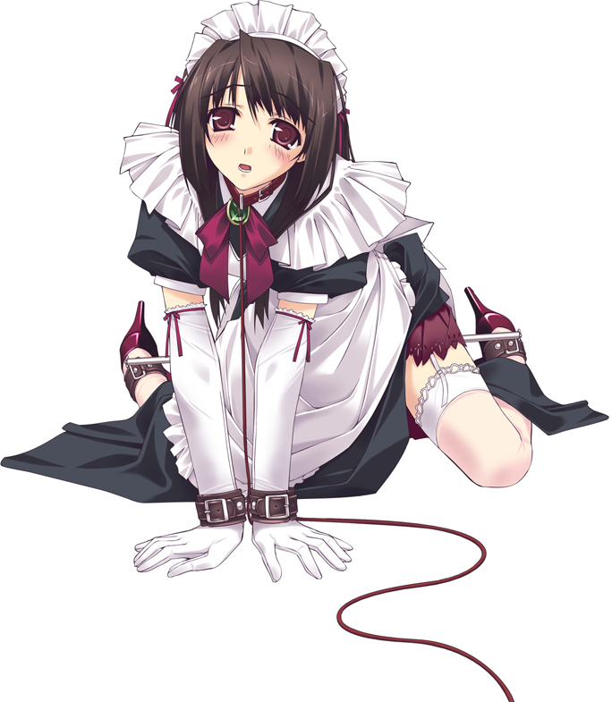 murakami suigun, f-ism, original, 1girl, all fours, arm support, bdsm, bondage, bound, brown eyes, brown hair, female focus, high heels, kneeling, looking at viewer, maid, maid headdress, red shoes, shoes, simple background, solo, spreader bar