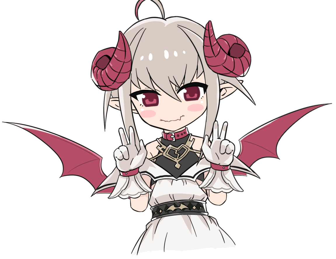 kenshin (kenshin3), makaino ririmu, makaino ririmu (1st costume), nijisanji, 1girl, ahoge, bare shoulders, belt collar, black undershirt, blush stickers, bracelet, broken heart print, choker, closed mouth, collar, cropped torso, curled horns, demon horns, demon wings, double v, dress, dyed ahoge, fang, flat chest, gloves, grey hair, hair between eyes, horns, jewelry, looking at viewer, multicolored hair, off-shoulder dress, off shoulder, pixie cut, pointy ears, red collar, red eyes, red hair, red horns, red wings, shirt under dress, short hair, sidelocks, simple background, skin fang, smile, solo, streaked hair, v, virtual youtuber, white background, white dress, white gloves, wings