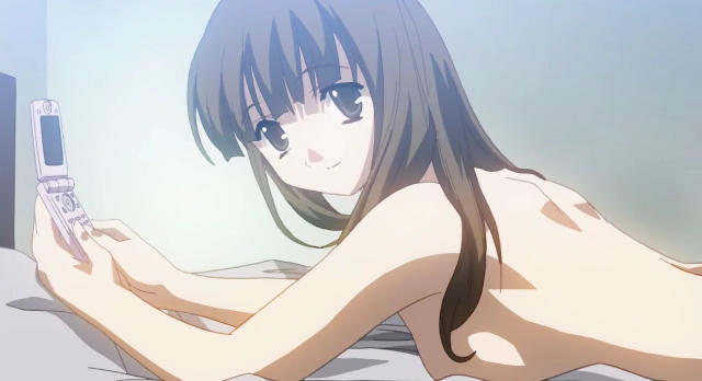 kuroda hikari, 0verflow, school days, game cg, 00s, 1girl, bed, brown eyes, brown hair, cellphone, female focus, holding, holding phone, looking at viewer, looking to the side, lying, nude, on stomach, phone, solo