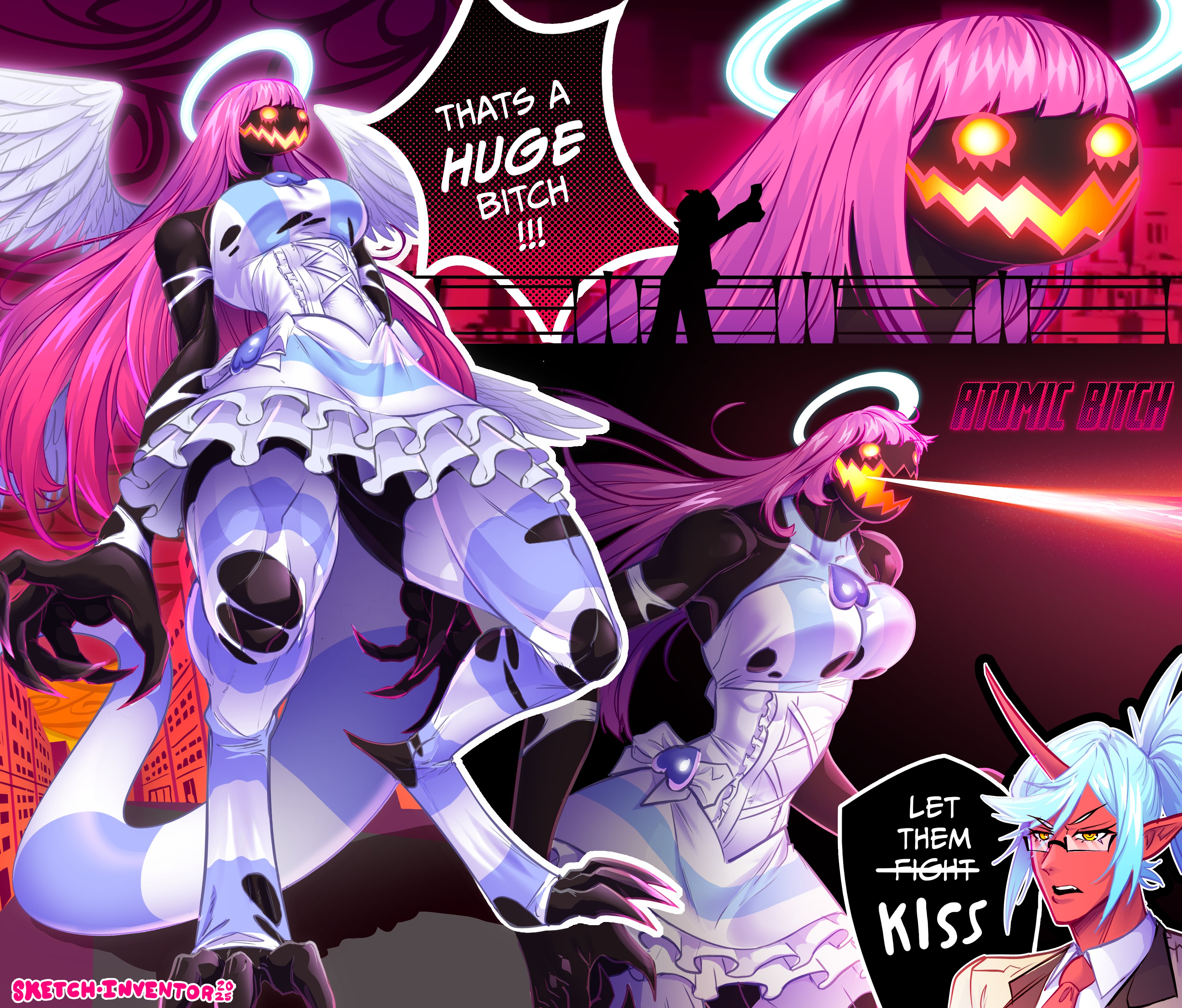 sketchinventor, brief (psg), kneesocks (psg), stocking (psg), godzilla (2014), godzilla (series), monsterverse, panty & stocking with garterbelt, absurdres, commentary, english commentary, highres, 1boy, 2girls, angel wings, artist name, blue hair, breasts, colored skin, dress, english text, frilled dress, frills, glasses, halo, horns, large breasts, long hair, monster girl, mouth beam, multiple girls, necktie, pointy ears, ponytail, red necktie, red skin, single horn, striped clothes, striped tail, striped thighhighs, tail, thighhighs, wings, yellow eyes