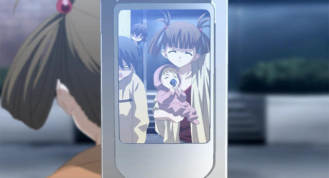 itou makoto (school days), kuroda hikari, saionji sekai, 0verflow, school days, game cg, 00s, 1boy, 2girls, baby, cellphone, depressed, hair rings, holding, multiple girls, o o, peeking out, phone, smile