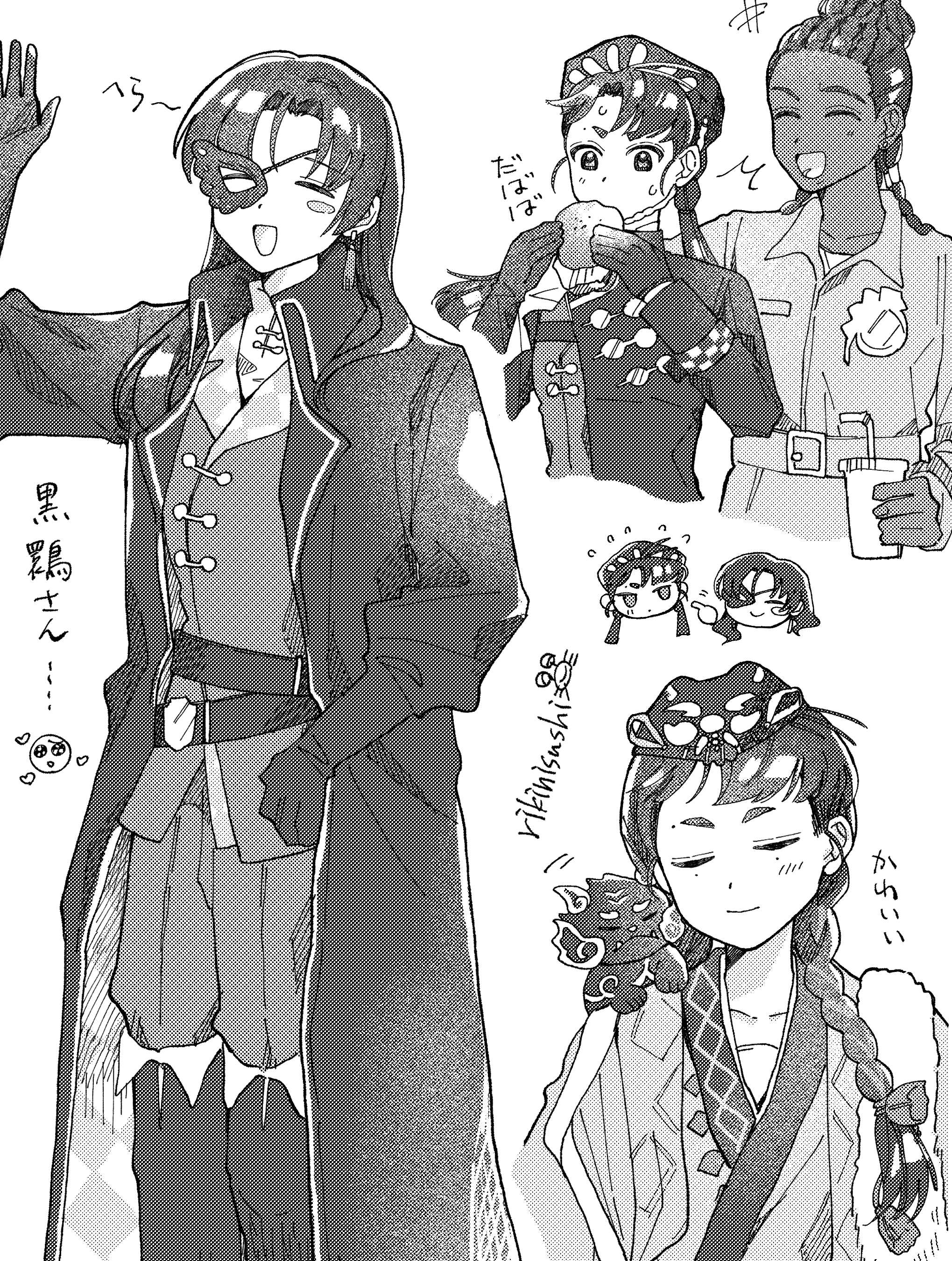 rikini sushi, liang yue (reverse:1999), reverse:1999, absurdres, highres, 3girls, ^ ^, beret, black ibis (reverse:1999), boots, braid, chibi, chibi inset, chinese clothes, closed eyes, closed mouth, coat, cowboy shot, creature, creature on shoulder, dress, eating, food, food in mouth, gloves, greyscale, hair bun, half mask, hand up, hanfu, hat, holding, holding food, jacket, long hair, low twin braids, low twintails, mask, mask over one eye, monochrome, multiple girls, multiple views, on shoulder, open mouth, pants, poitier (reverse:1999), police, police uniform, policewoman, qiangliang (reverse:1999), shirt, smile, thigh boots, twin braids, twintails, upper body