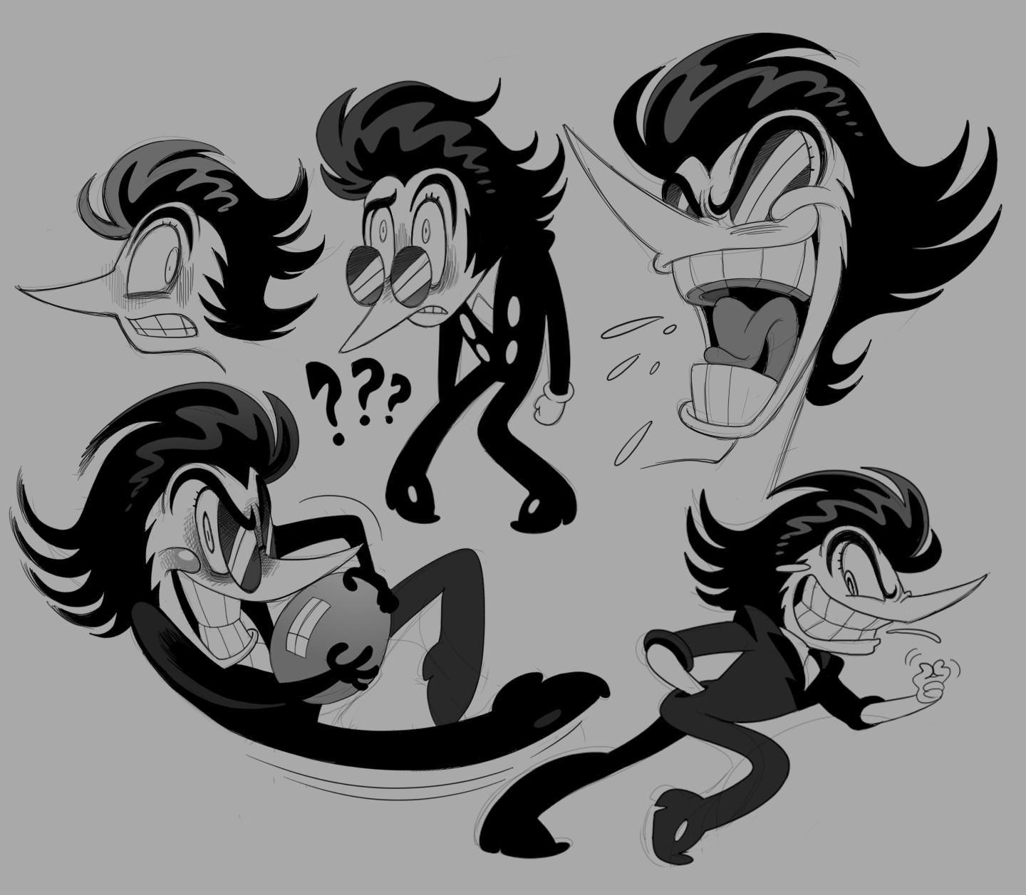 roachgore, spamton g. spamton, deltarune, utdr (toby fox), commentary, highres, 1960s (style), 1boy, black hair, deformed, faux retro artstyle, gloves, holding, long nose, male focus, no ears, oldschool, open mouth, pants, pipis (deltarune), pointy nose, retro artstyle, round eyewear, shirt, short hair, smile, teeth, thick eyebrows, tinted eyewear, white gloves