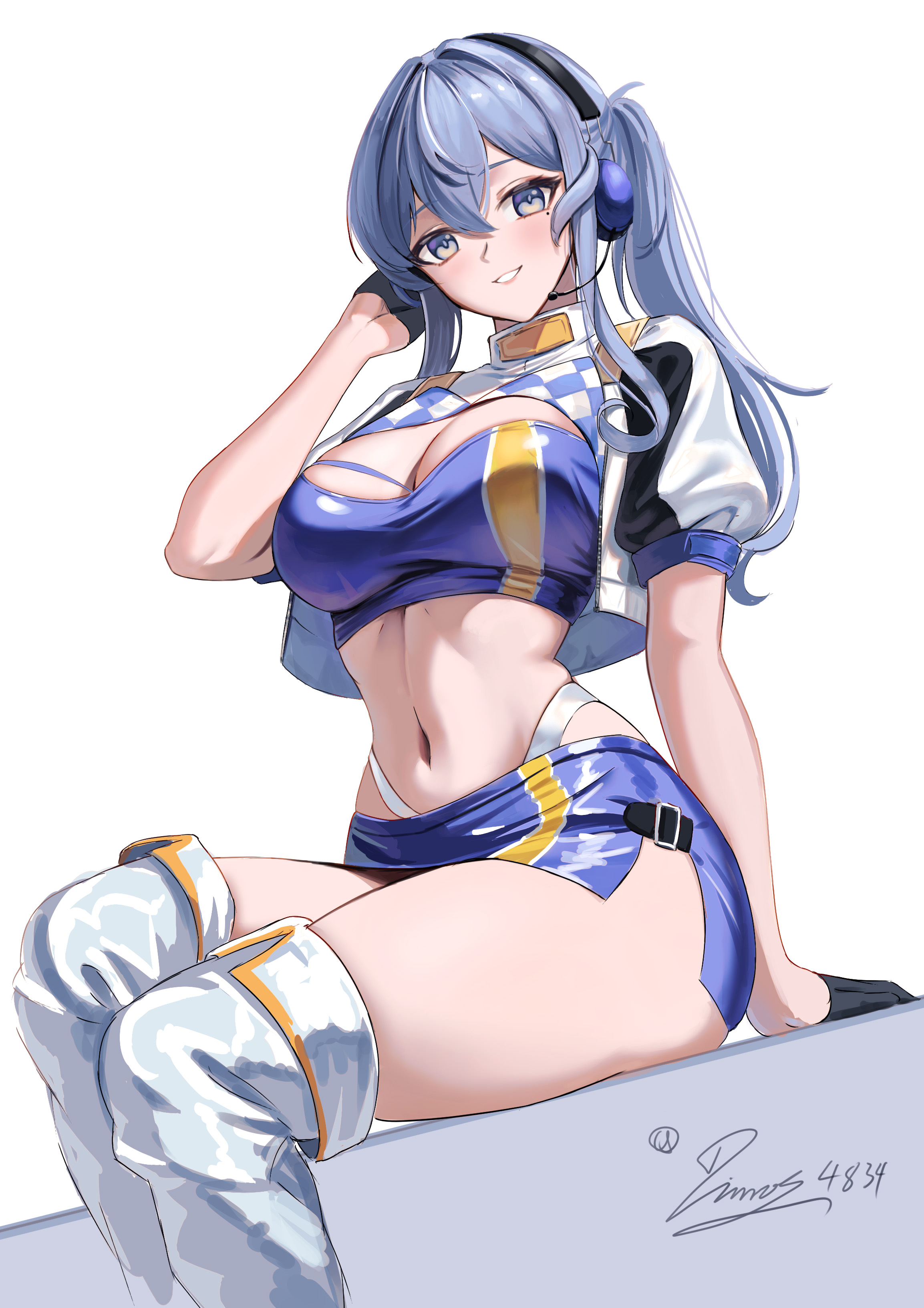 dimos (dawn 1945), gotland (2020 race queen) (kancolle), gotland (kancolle), kantai collection, absurdres, highres, 1girl, arm on own head, bandeau, blue bandeau, blue bustier, blue eyes, blue hair, blue skirt, blue tube top, breasts, crop top, garrison cap, gloves, hat, jacket, large breasts, mole, mole under eye, multicolored thighhighs, navel, official alternate costume, race queen, shrug (clothing), sitting, skirt, solo, stomach, strapless, tube top