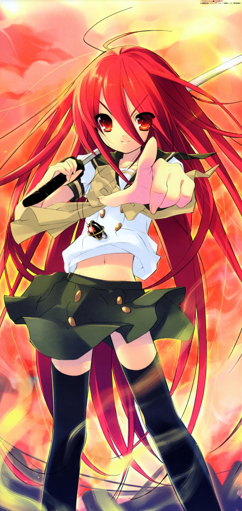 ito noizi, alastor (shakugan no shana), shana, shakugan no shana, highres, 00s, 1girl, female focus, jewelry, long hair, pendant, red hair, school uniform, serafuku, solo, sword, thighhighs, weapon, zettai ryouiki
