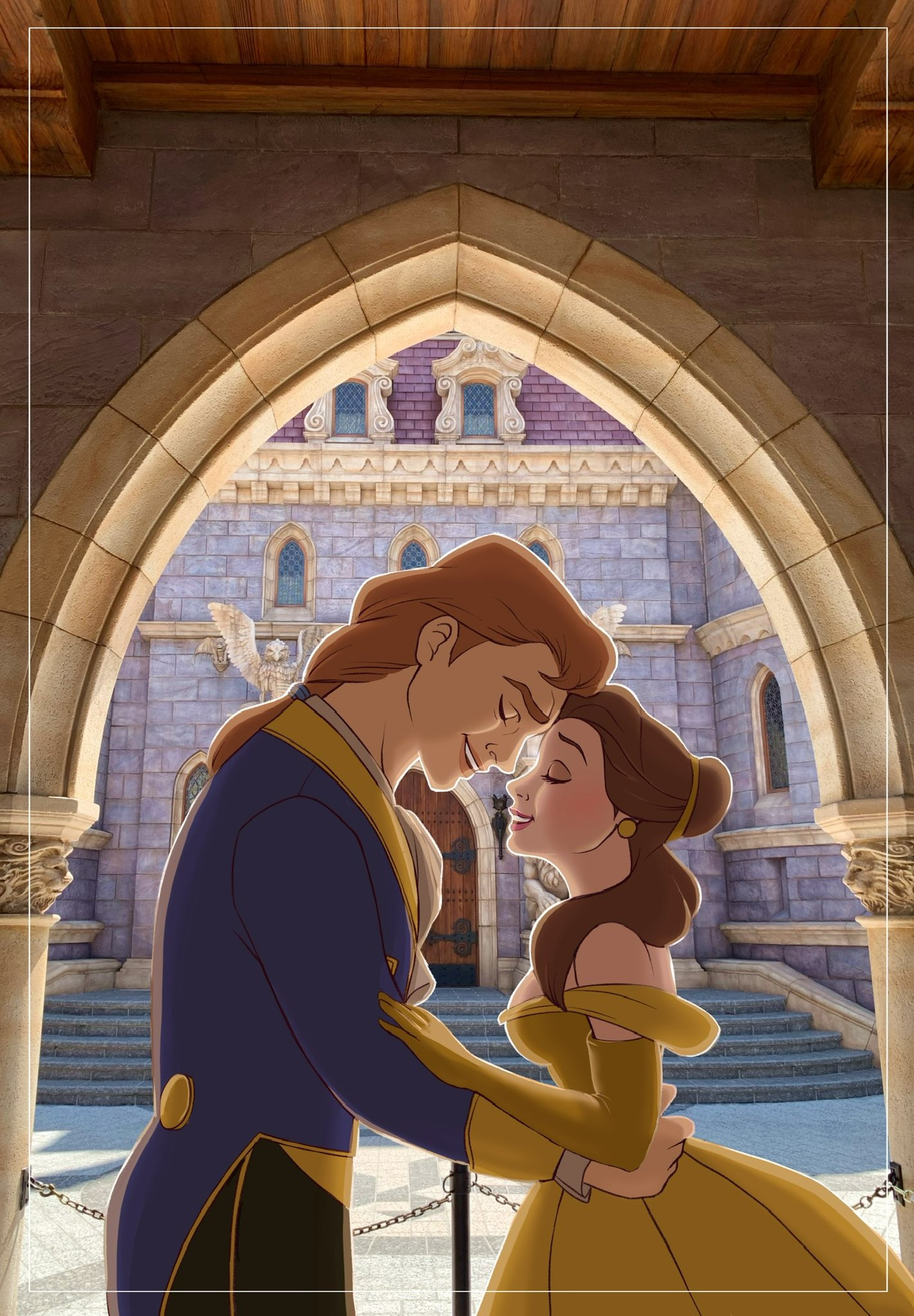 belle (disney), beauty and the beast (disney), highres, 1girl, animification, breasts, brown hair, dress, earrings, elbow gloves, gloves, hohira1hohira, jewelry, long hair, ponytail, prince adam (disney), princess, shirt, smile, yellow dress
