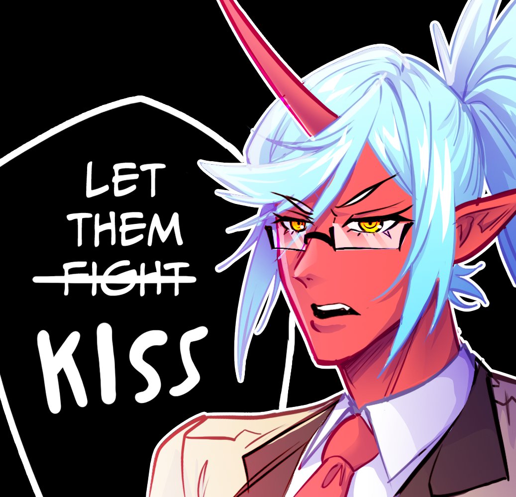sketchinventor, kneesocks (psg), godzilla (2014), godzilla (series), monsterverse, panty & stocking with garterbelt, commentary, english commentary, 1girl, blue hair, colored skin, english text, horns, necktie, open mouth, pointy ears, ponytail, red necktie, red skin, ringed eyes, single horn, solo, yellow eyes