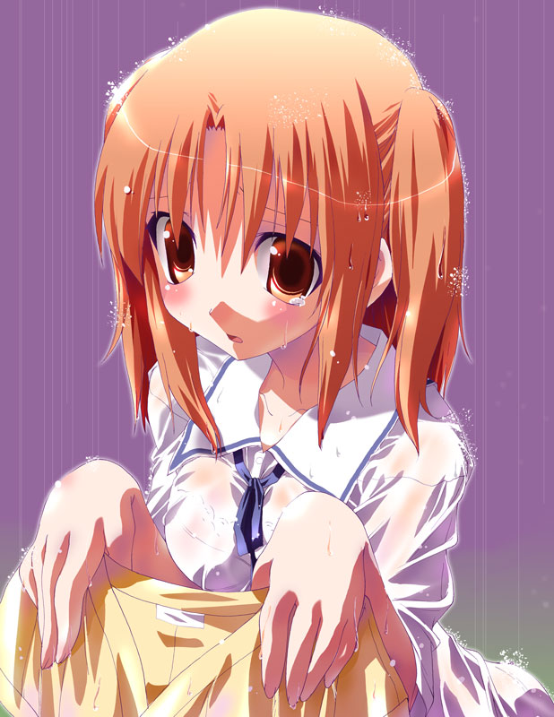 imu sanjo, yumizuka satsuki, tsukihime, duplicate, 00s, 1girl, female focus, hand focus, holding shirt, holding unworn clothes, purple background, shirt, simple background, solo, unworn shirt, wet, wet clothes, wet shirt