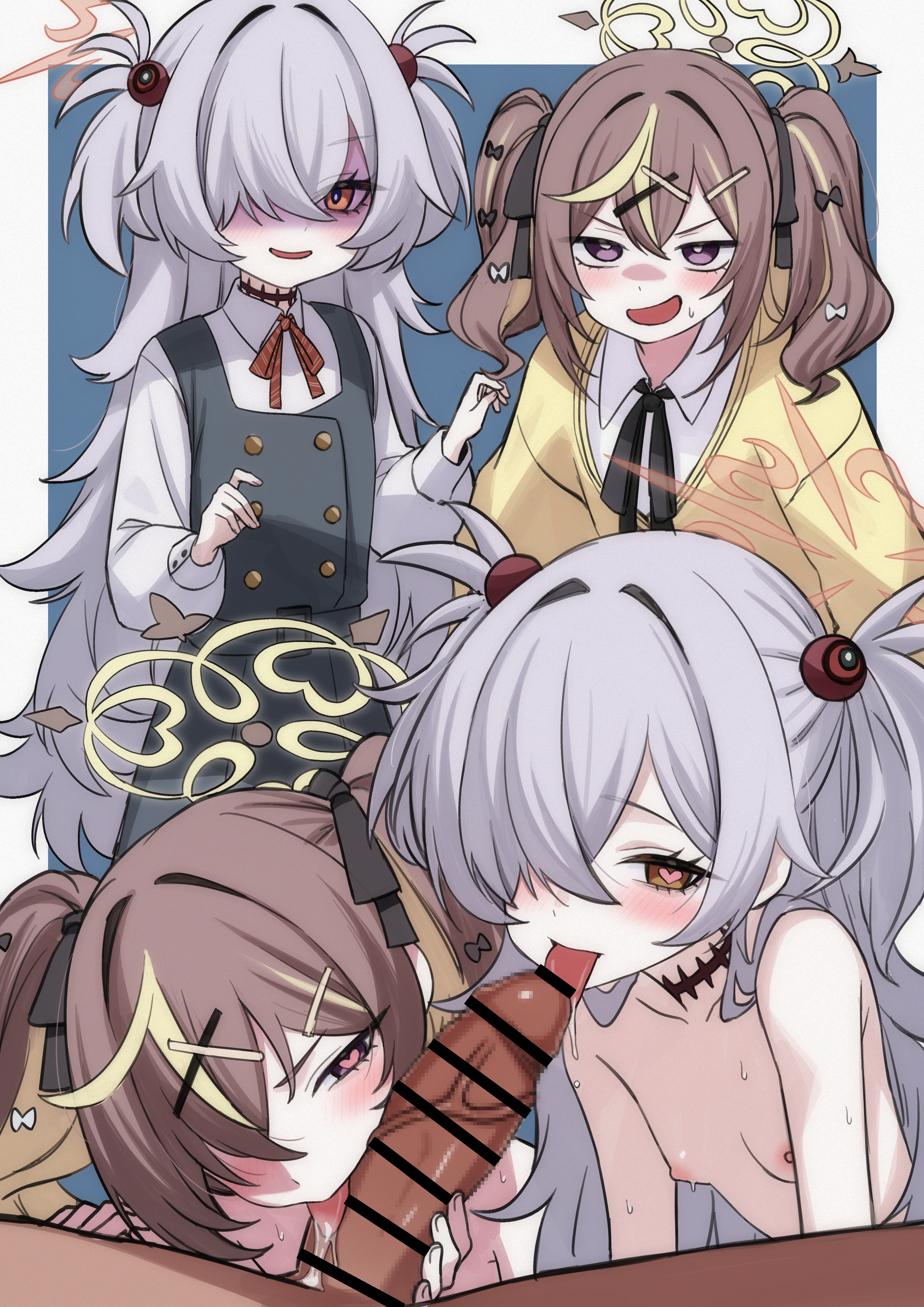 senapops, kanoe (blue archive), rena (blue archive), blue archive, absurdres, highres, 1boy, 2girls, bar censor, black dress, black ribbon, blonde streaks, blush, border, breasts, brown eyes, brown hair, brown halo, cardigan, censored, cooperative fellatio, dress, erection, fellatio, ffm threesome, grey hair, group sex, hair between eyes, hair intakes, hair ornament, hair over one eye, halo, heart, heart-shaped pupils, licking, licking penis, long hair, looking at viewer, mosaic censoring, multiple girls, neck ribbon, nipples, nude, open mouth, oral, outside border, partially shaded face, penis, pinafore dress, purple eyes, ribbon, saliva, saliva trail, shirt, sleeveless, sleeveless dress, small breasts, smile, symbol-shaped pupils, teamwork (sexual), threesome, tongue, tongue out, twintails, two side up, veins, veiny penis, white border, white shirt, x hair ornament, yellow cardigan, yellow halo