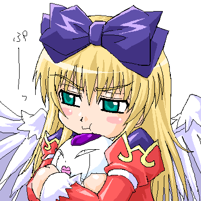 iguchi sentarou, aruma (shinrabanshou), final form frieza, frieza, dragon ball, dragonball z, shinrabanshou, looking away, lowres, 1girl, :t, angel wings, aqua eyes, blonde hair, blush stickers, bow, character doll, crossed arms, crossover, doll, female focus, hair between eyes, hug, hug from behind, hugging doll, hugging object, long hair, oekaki, parody, pout, sidelocks, simple background, solo, stuffed toy, sulking, upper body, white background, wings