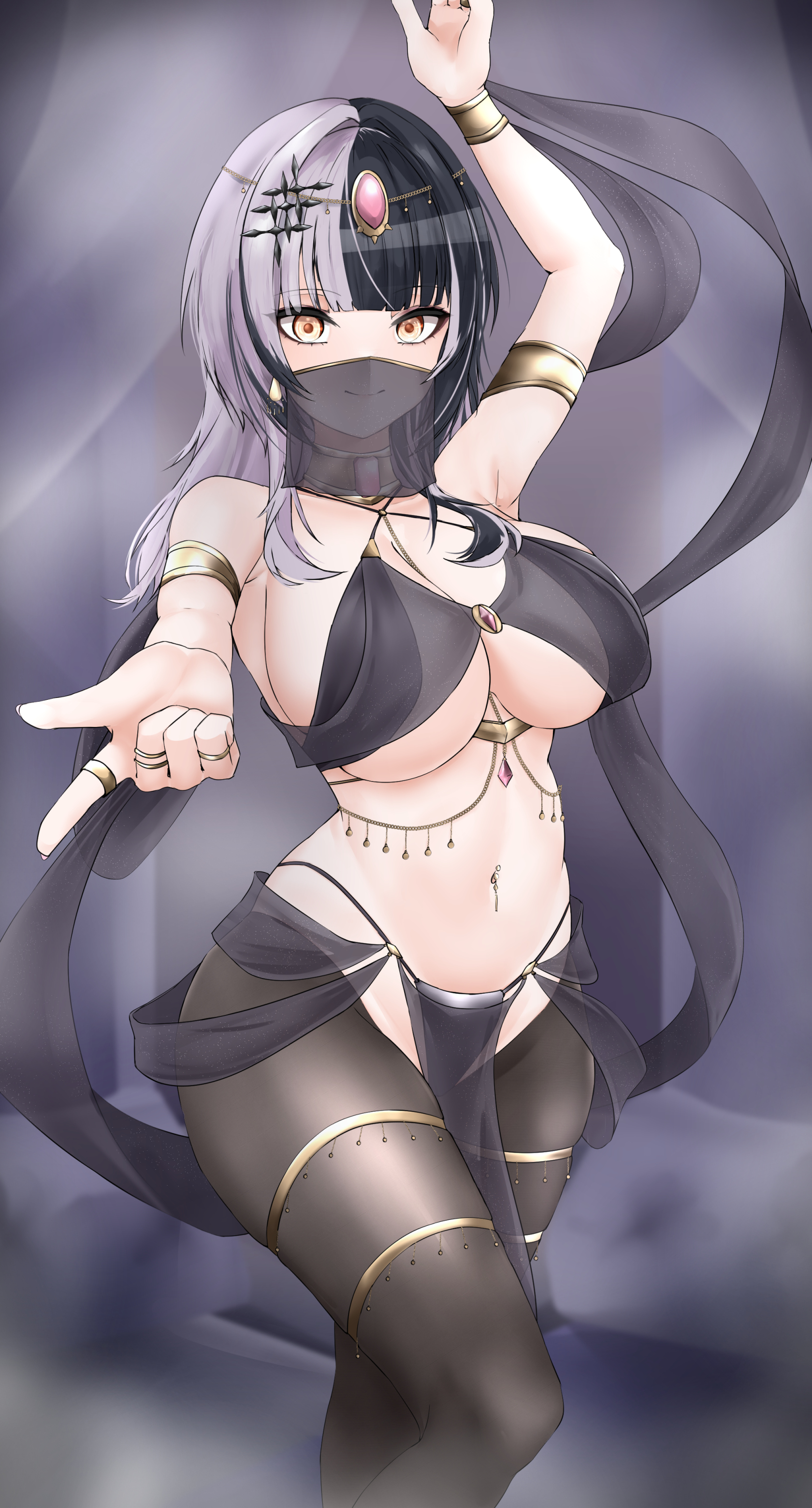 aidoruhakase, shiori novella, hololive, hololive english, gold armlet, absurdres, highres, 1girl, alternate costume, arm up, black hair, breasts, closed mouth, crotchless, crotchless pantyhose, grey hair, harem outfit, jewelry, large breasts, long hair, looking at viewer, mouth veil, multicolored hair, navel, pantyhose, pelvic curtain, ring, smile, solo, split-color hair, two-tone hair, veil, virtual youtuber, yellow eyes