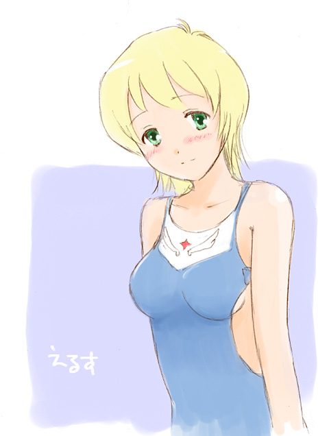 takahashi mugi, erstin ho, my-otome, 00s, 1girl, blonde hair, blue one-piece swimsuit, clothing cutout, female focus, garderobe swimsuit, green eyes, one-piece swimsuit, school swimsuit, short hair, side cutout, solo, swimsuit