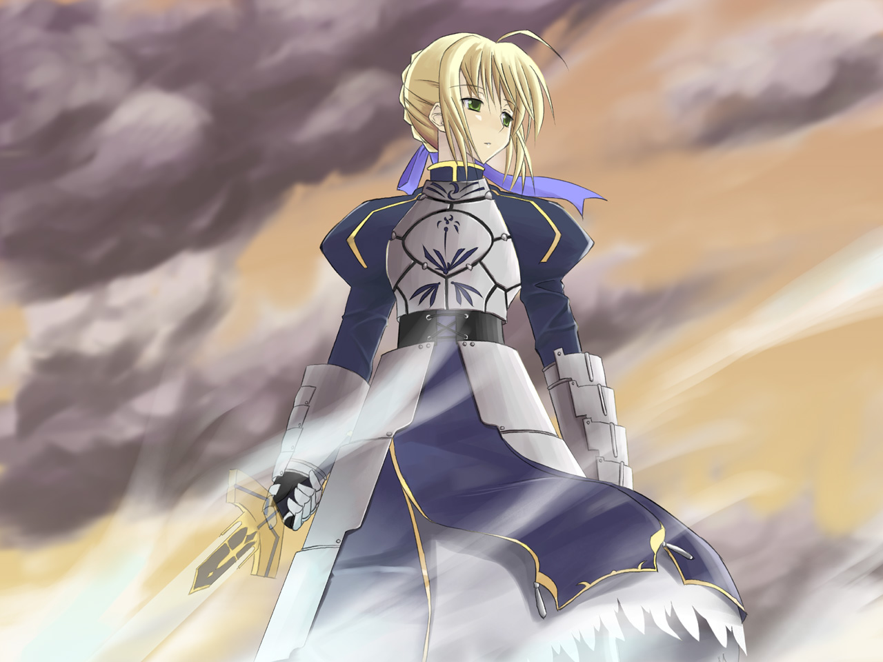 kakifly, artoria pendragon (fate), saber (fate), fate/stay night, fate (series), 00s, 1girl, armor, armored dress, blonde hair, dress, excalibur (fate/stay night), female focus, green eyes, puffy sleeves, solo, sword, weapon