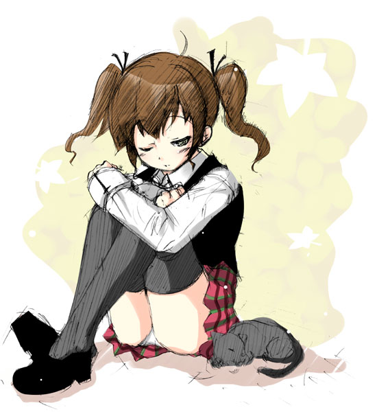 yanagi yuu, original, 1girl, black thighhighs, brown hair, cat, dress shirt, female focus, hair ribbon, panties, pantyshot, plaid clothes, plaid skirt, pleated skirt, ribbon, school uniform, serafuku, shirt, shoes, short twintails, sitting, skirt, sleeping, solo, sweater, thighhighs, twintails, underwear, vest, white panties