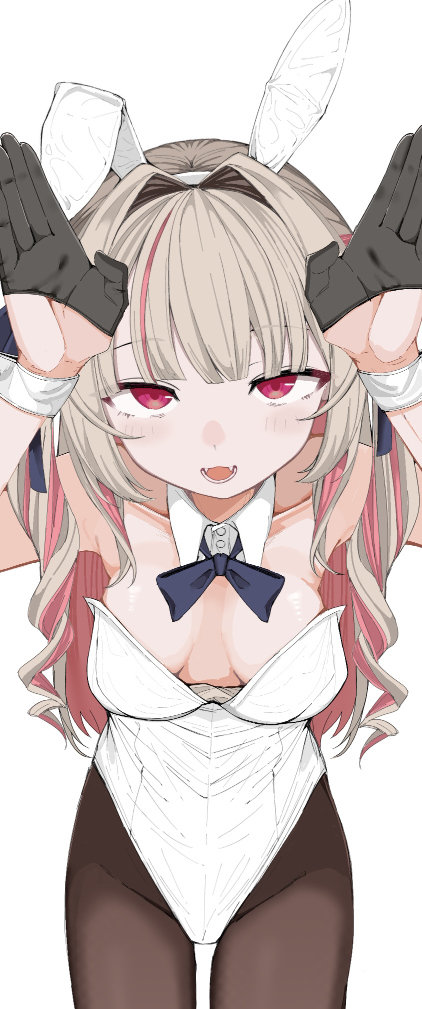 mushoku loli, makaino ririmu, nijisanji, highres, 1girl, :d, alternate costume, animal ear hairband, animal ears, black gloves, blue bow, blue bowtie, blue ribbon, blunt bangs, blush, bow, bowtie, breasts, breasts apart, brown pantyhose, collar, collarbone, colored inner hair, cowboy shot, detached collar, drill hair, fake animal ears, fangs, gloves, grey hair, hair intakes, hair ribbon, hairband, half gloves, hanging breasts, highleg, highleg leotard, leaning forward, leotard, long hair, looking at viewer, multicolored hair, open mouth, pantyhose, pink hair, playboy bunny, rabbit ear hairband, rabbit ears, rabbit pose, red eyes, ribbon, sidelocks, simple background, small breasts, smile, solo, strapless, strapless leotard, streaked hair, two side up, upturned eyes, virtual youtuber, white background, white collar, white hairband, white leotard, white wrist cuffs, wrist cuffs